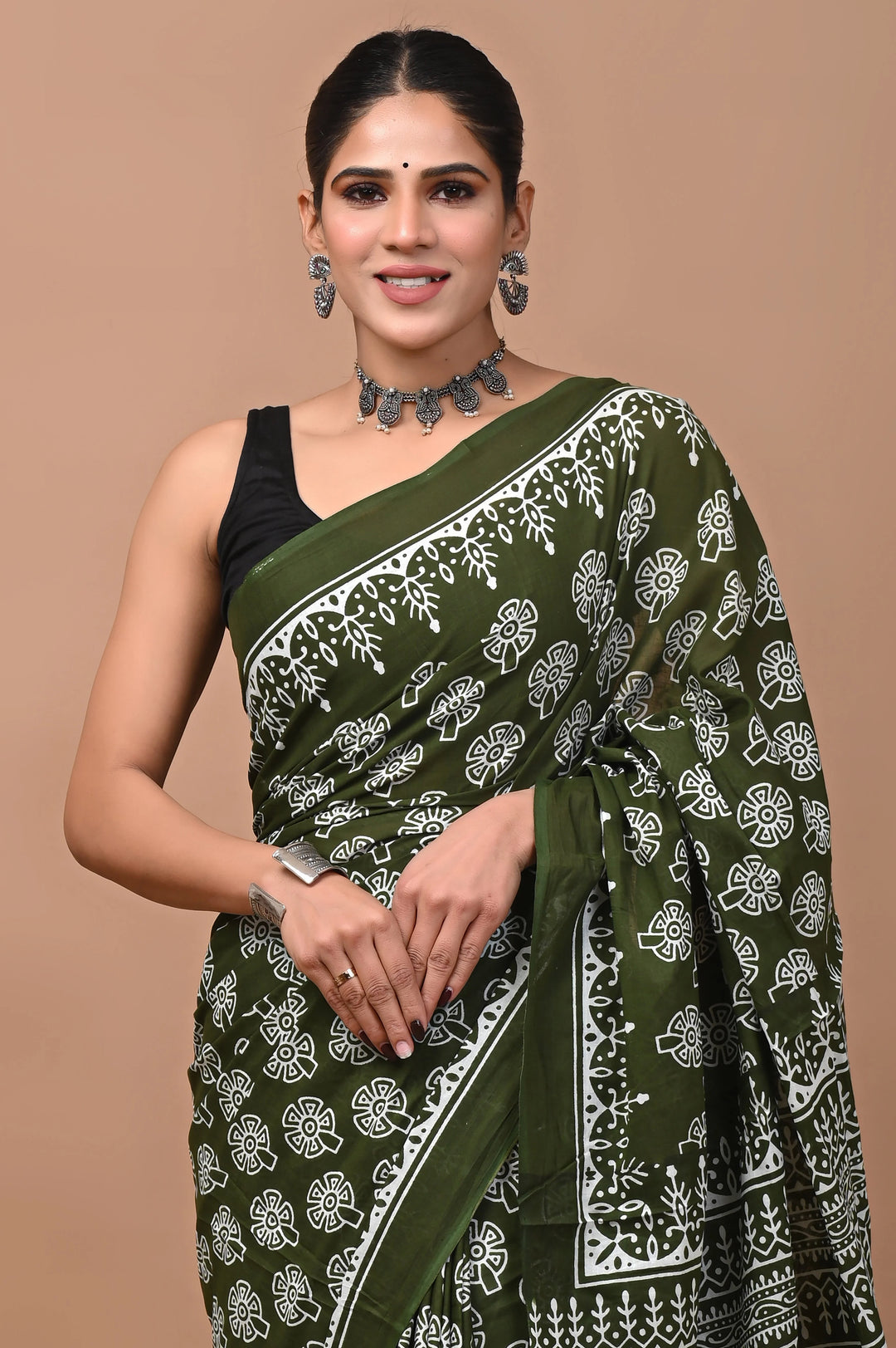 Jaipuri Printed Pure Mulmul Cotton Saree | With Blouse Piece Olive Green