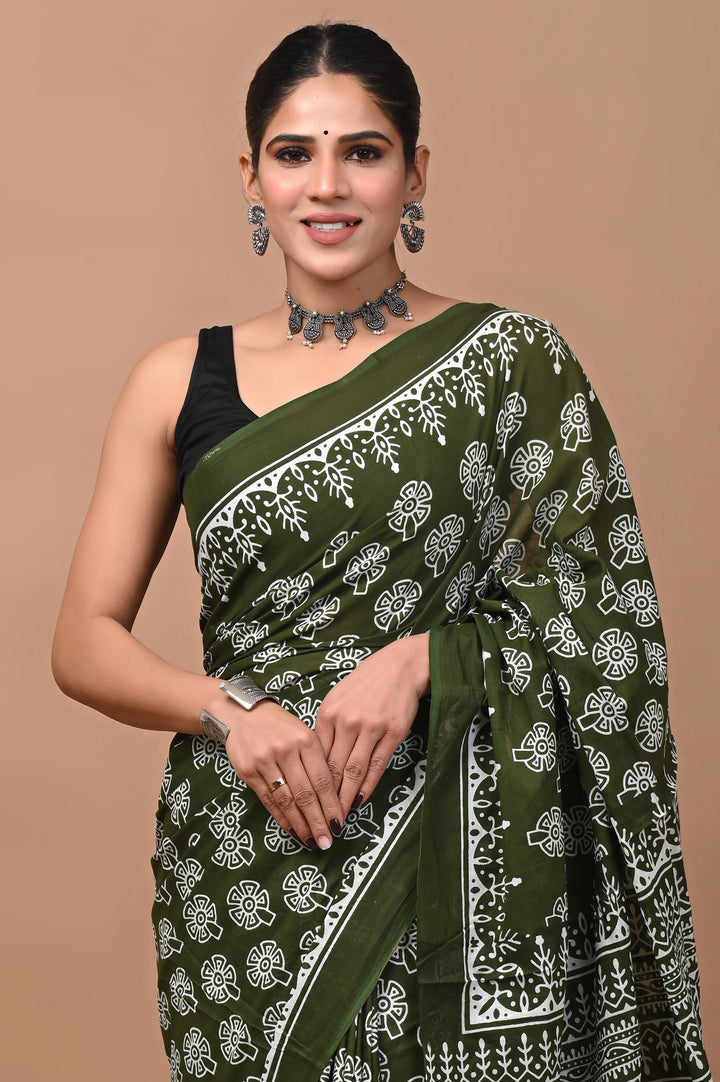 Jaipuri Printed Pure Mulmul Cotton Saree | With Blouse Piece Olive Green