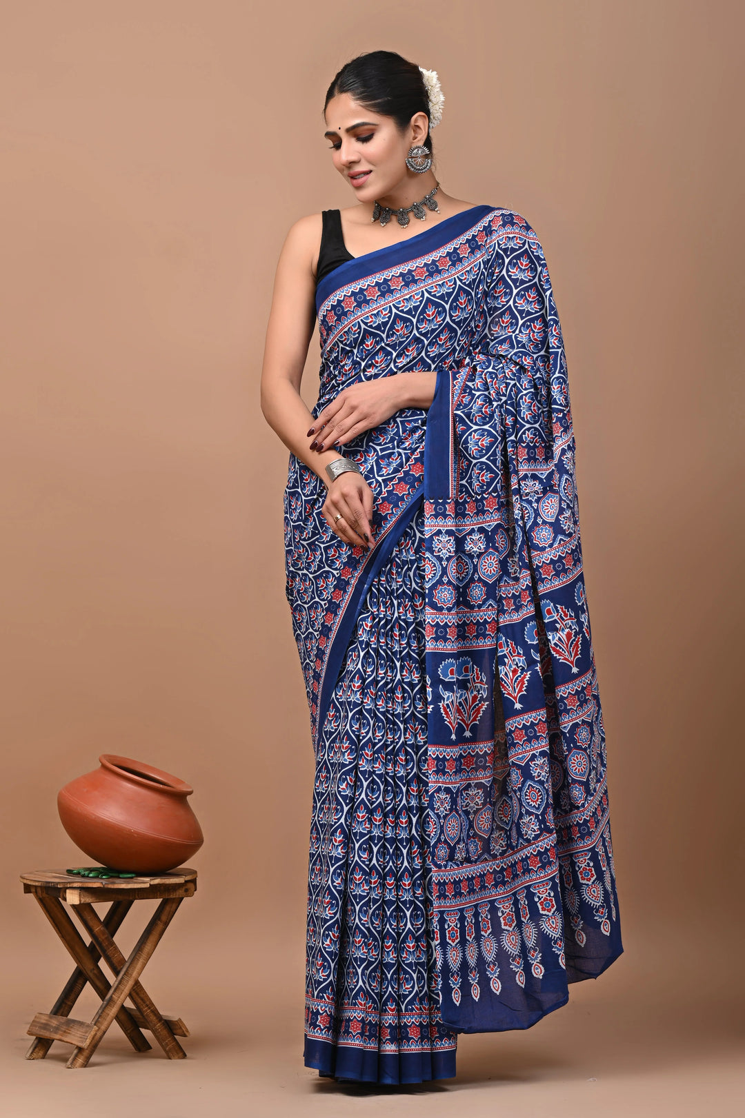 Jaipuri Printed Pure Mulmul Cotton Saree | With Blouse Piece Indigo Blue
