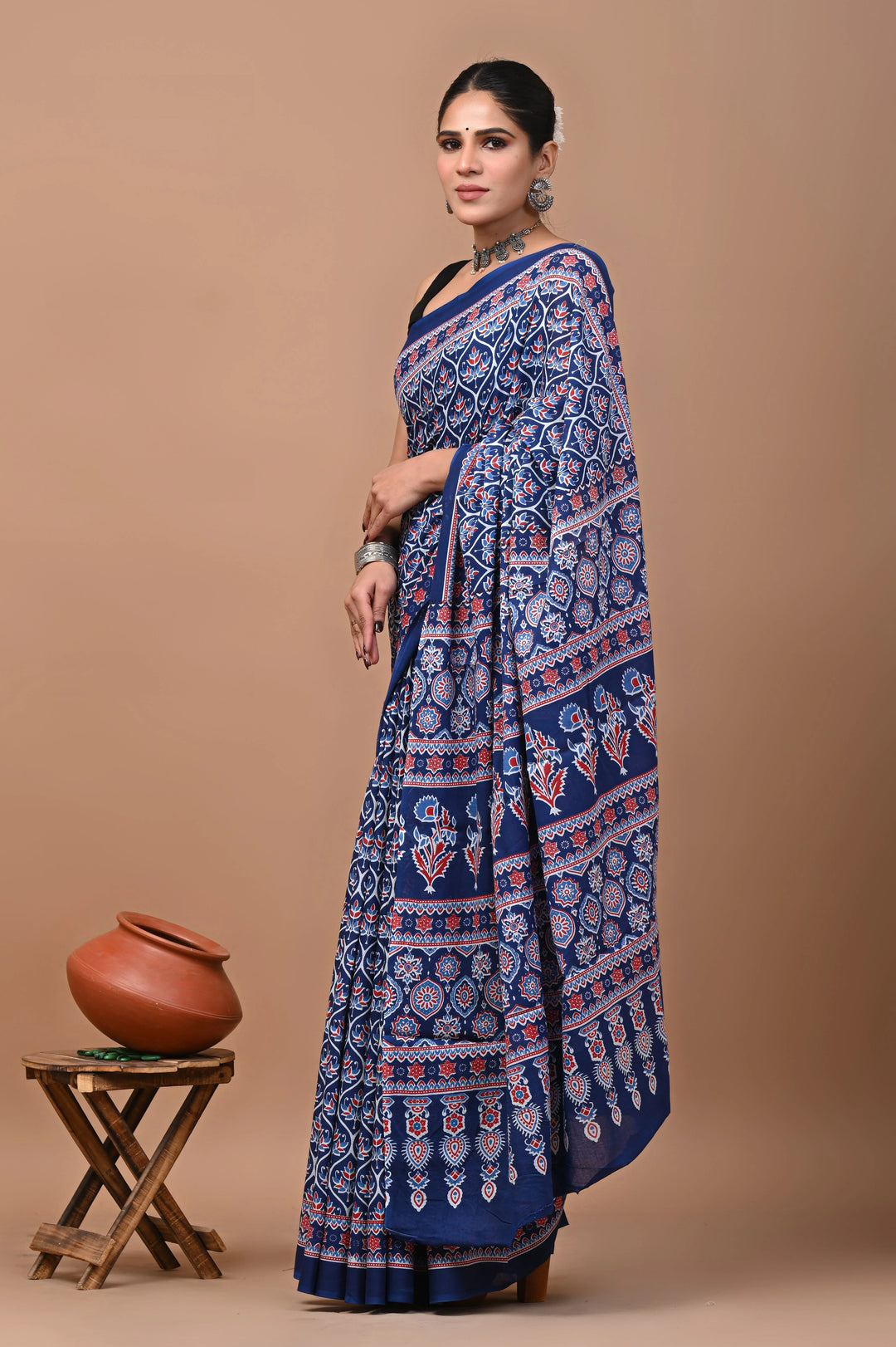 Jaipuri Printed Pure Mulmul Cotton Saree | With Blouse Piece Indigo Blue
