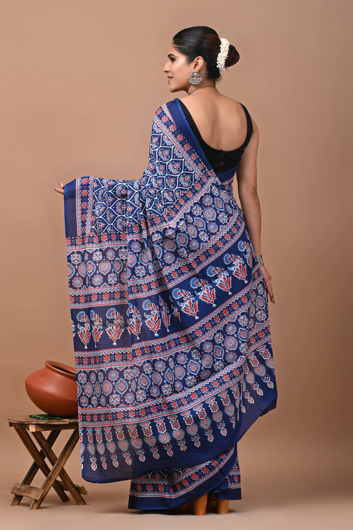 Jaipuri Printed Pure Mulmul Cotton Saree | With Blouse Piece Indigo Blue