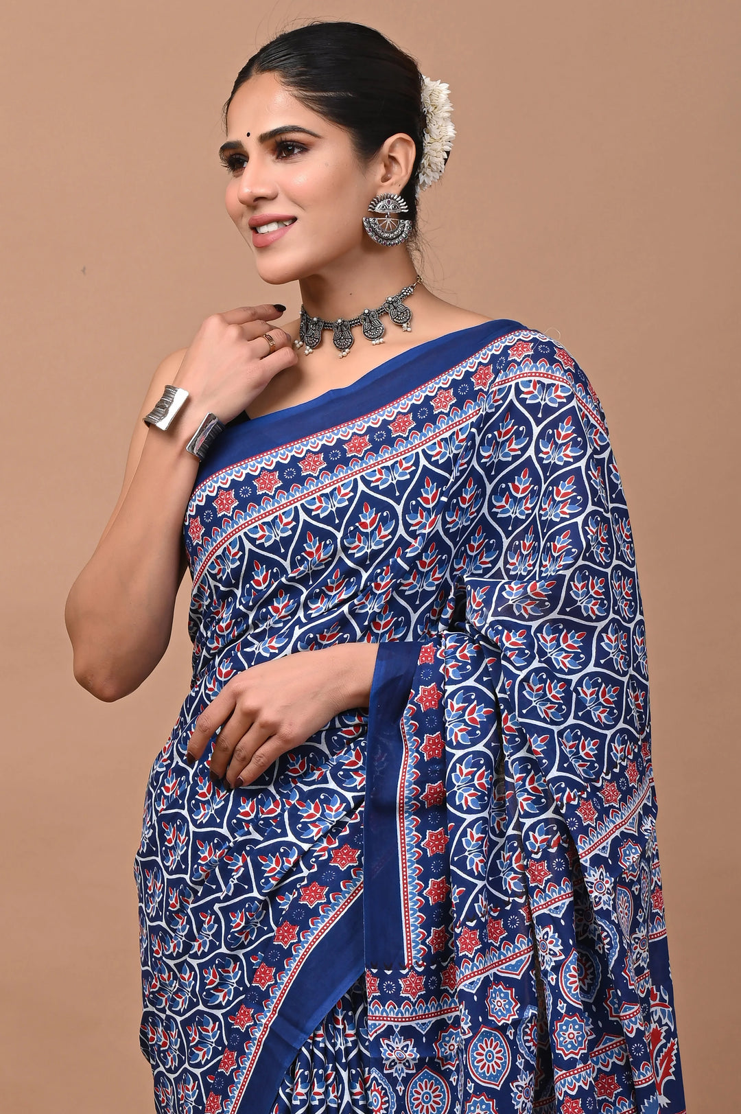 Jaipuri Printed Pure Mulmul Cotton Saree | With Blouse Piece Indigo Blue