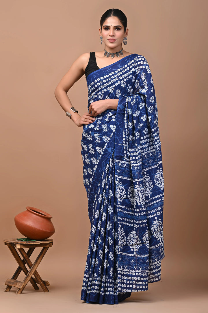 Jaipuri Printed Pure Mulmul Cotton Saree | With Blouse Piece Indigo Blue
