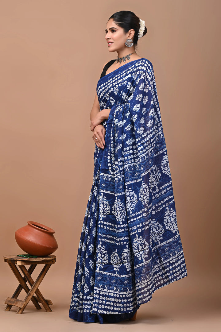 Jaipuri Printed Pure Mulmul Cotton Saree | With Blouse Piece Indigo Blue
