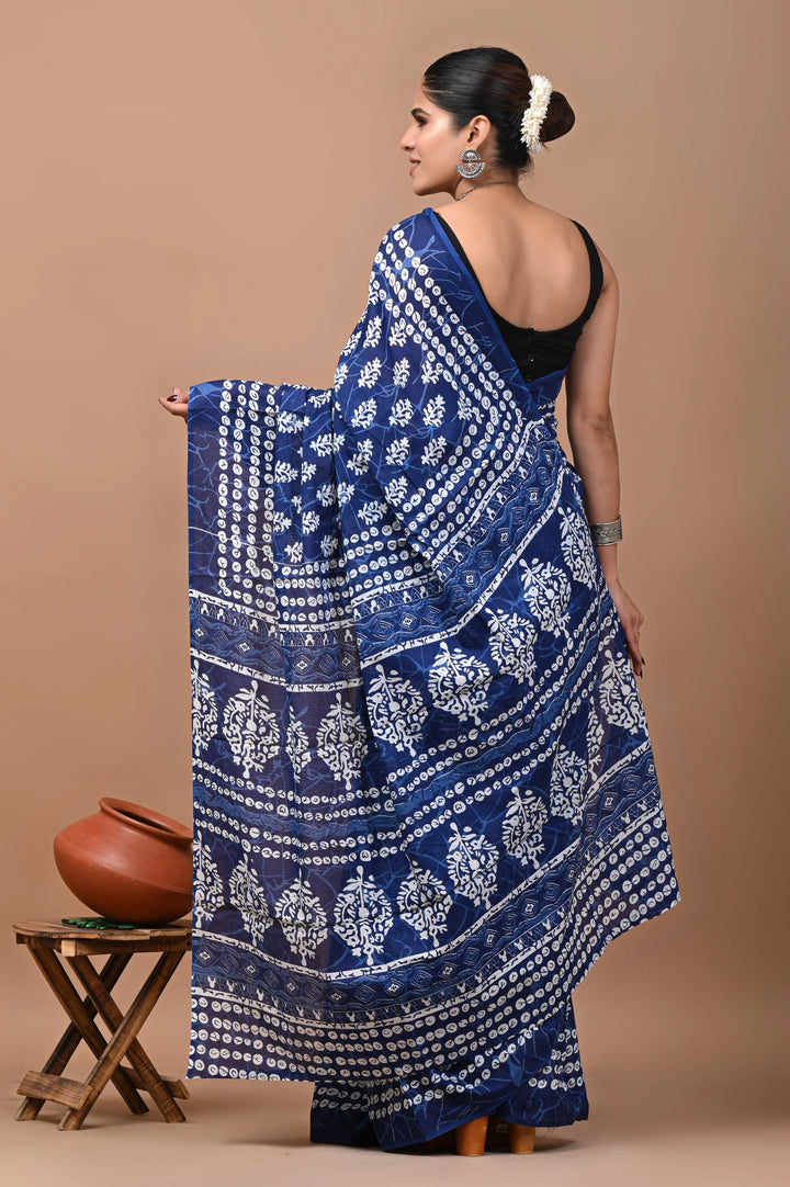 Jaipuri Printed Pure Mulmul Cotton Saree | With Blouse Piece Indigo Blue