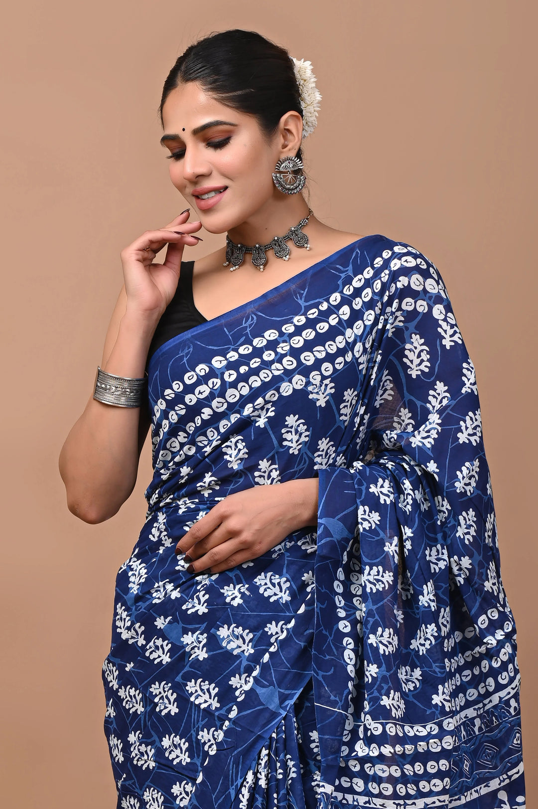 Jaipuri Printed Pure Mulmul Cotton Saree | With Blouse Piece Indigo Blue