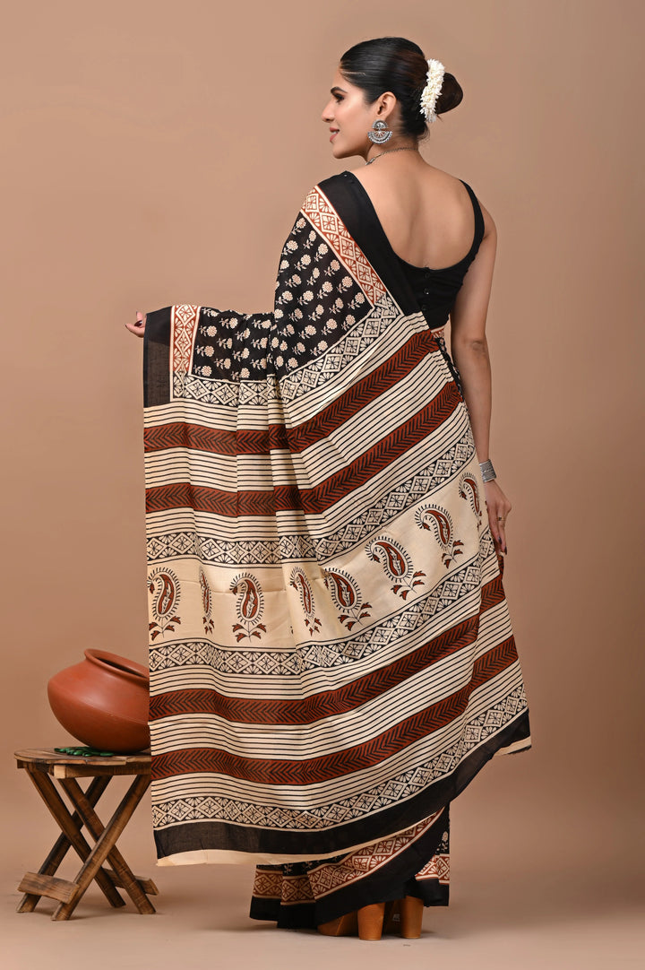 Jaipuri Printed Pure Mulmul Cotton Saree | With Blouse Piece - Bagru Print