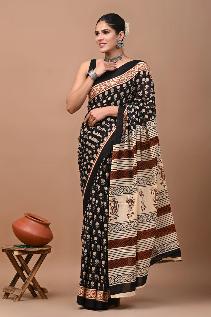 Jaipuri Printed Pure Mulmul Cotton Saree | With Blouse Piece - Bagru Print