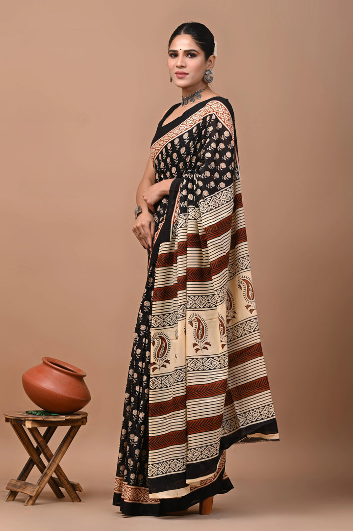 Jaipuri Printed Pure Mulmul Cotton Saree | With Blouse Piece - Bagru Print