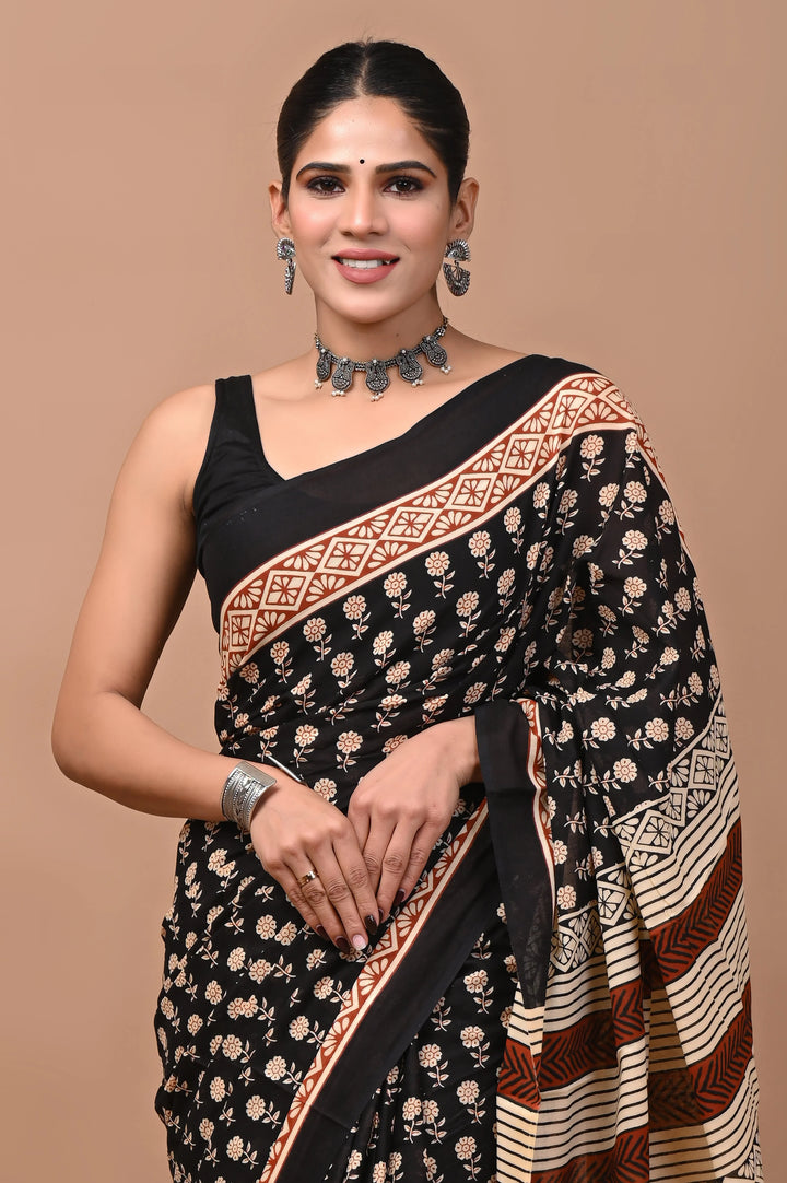 Jaipuri Printed Pure Mulmul Cotton Saree | With Blouse Piece - Bagru Print