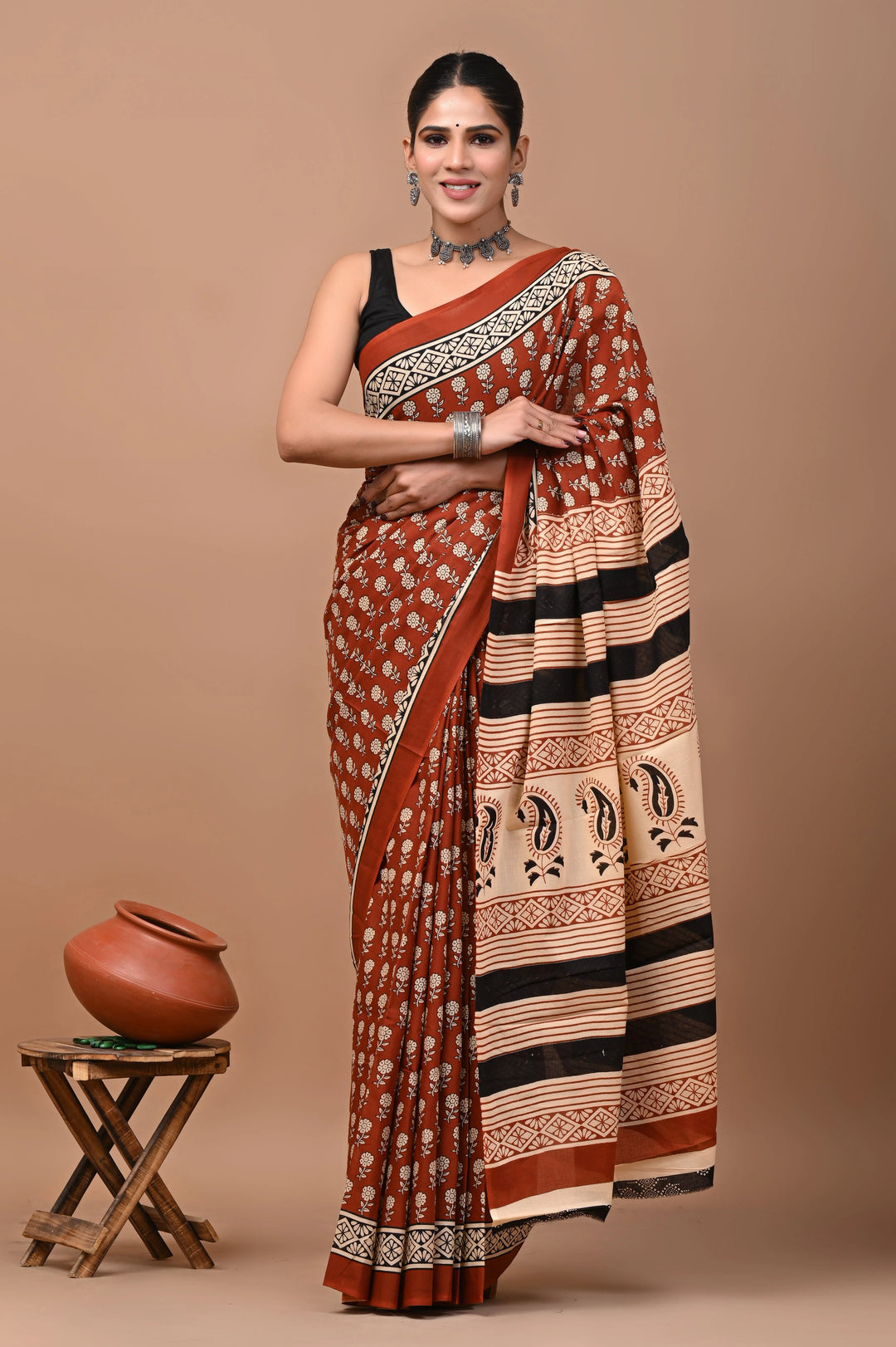 Jaipuri Printed Pure Mulmul Cotton Saree | With Blouse Piece - Brown GG