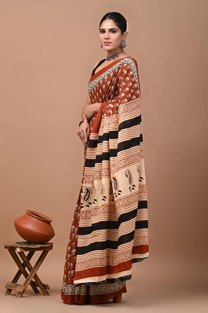 Jaipuri Printed Pure Mulmul Cotton Saree | With Blouse Piece - Brown GG