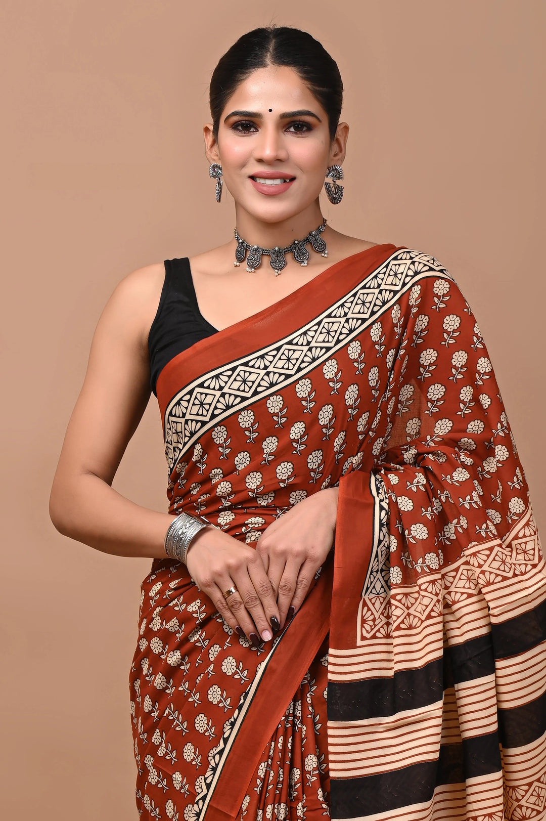 Jaipuri Printed Pure Mulmul Cotton Saree | With Blouse Piece - Brown GG