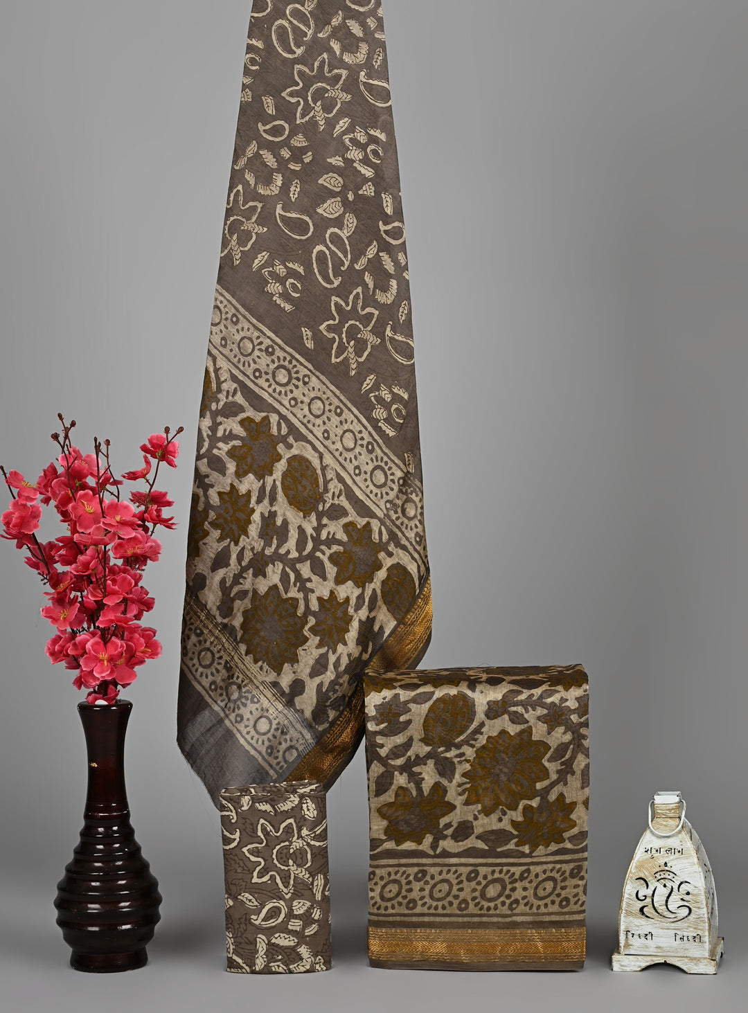 Chocolate Brown Maheshwari Handblock Printed Silk 3 Piece Suit Set with Dupatta | Classic Ethnic Collection