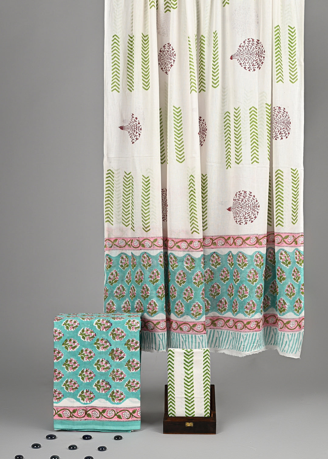 Refreshing Mint Green & Pink Tree Motif Handblock Printed Cotton Suit Set