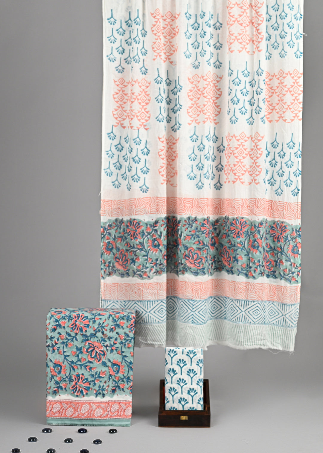 eal & Peach Floral Jaal Handblock Printed Cotton Suit with Geometric Pattern Dupatta