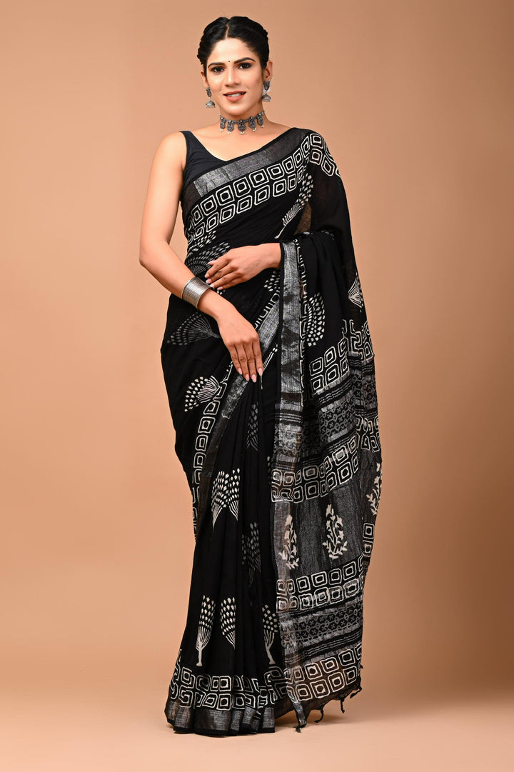 Linen cotton Handblock printed saree with blouse piece - Black And White