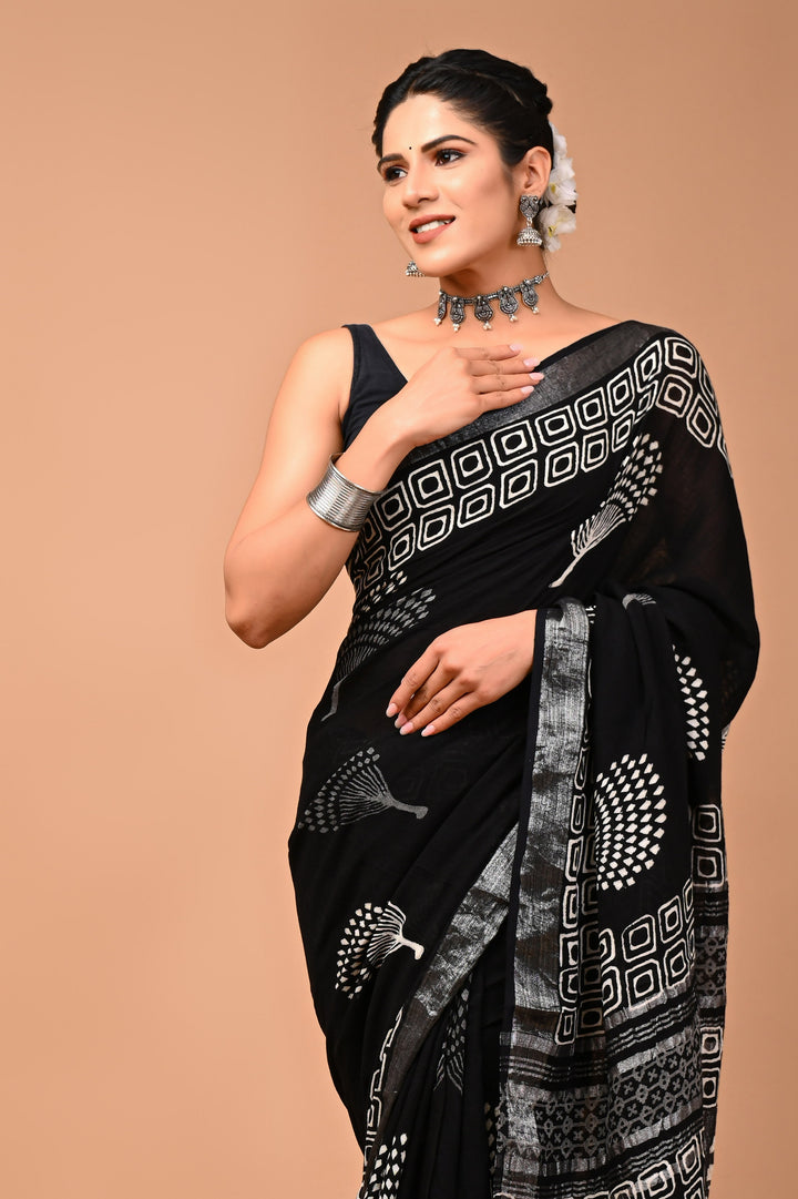 Linen cotton Handblock printed saree with blouse piece - Black And White