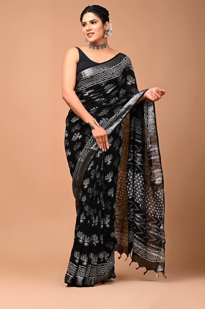 Linen cotton Handblock printed saree with blouse piece - Black And White