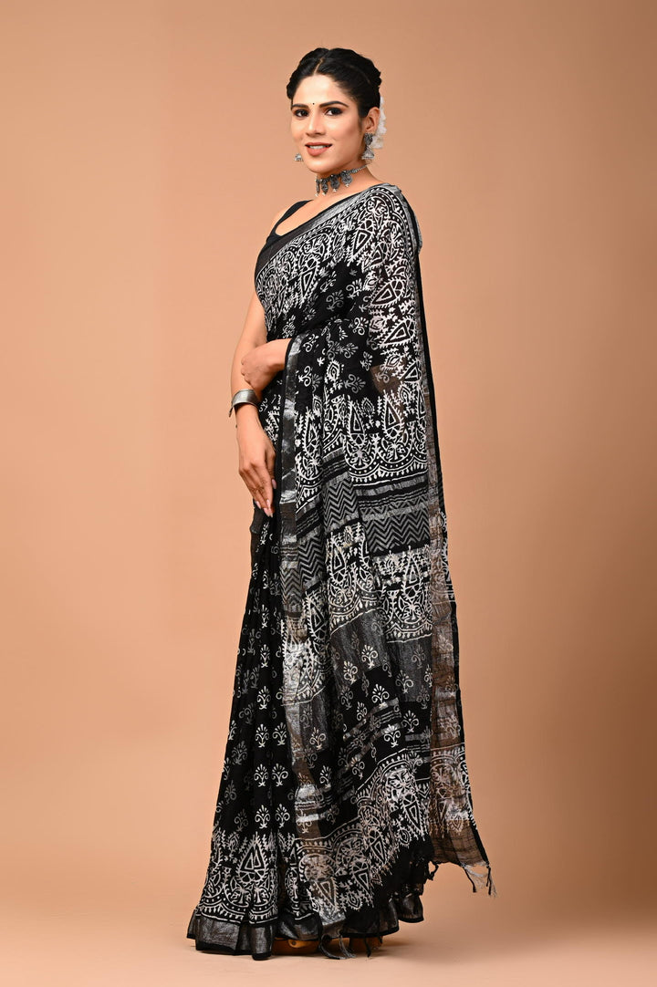 Linen cotton Handblock printed saree with blouse piece - Black And White