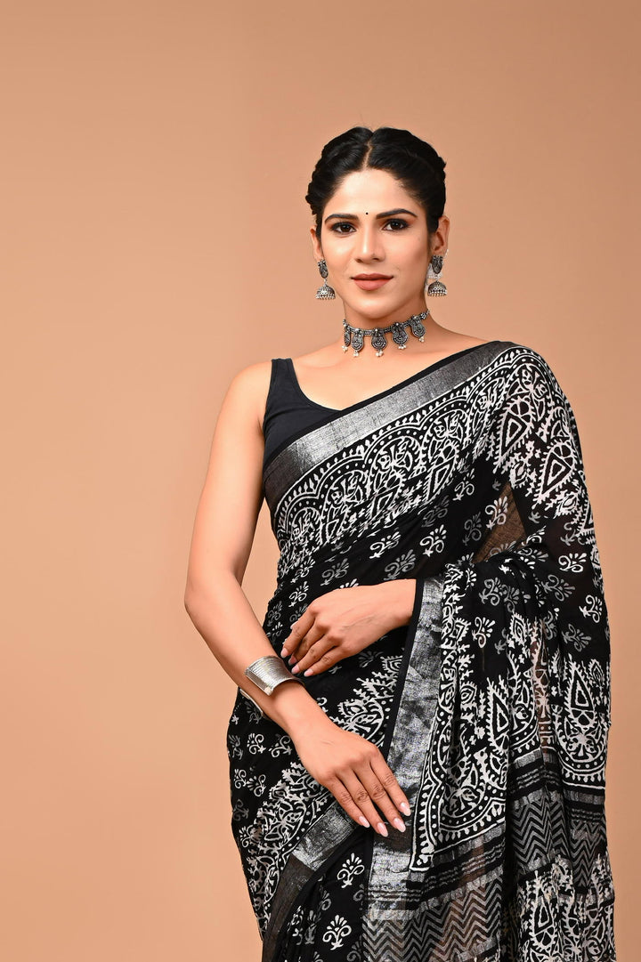 Linen cotton Handblock printed saree with blouse piece - Black And White