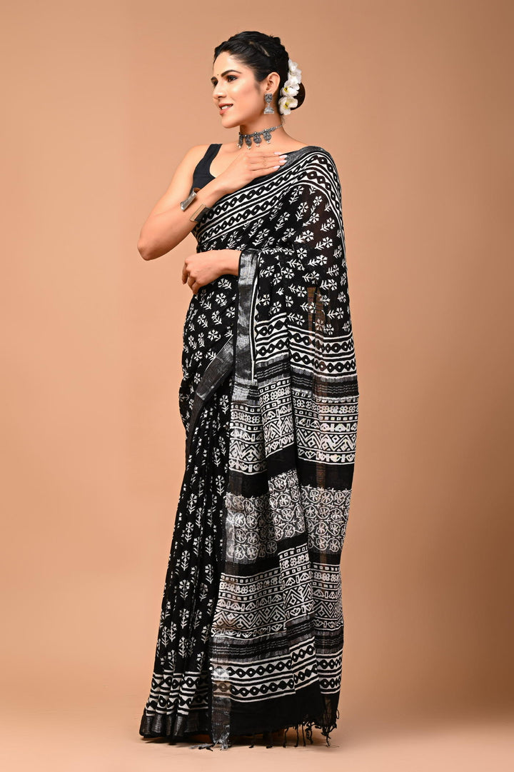 Linen cotton Handblock printed saree with blouse piece - Black And White