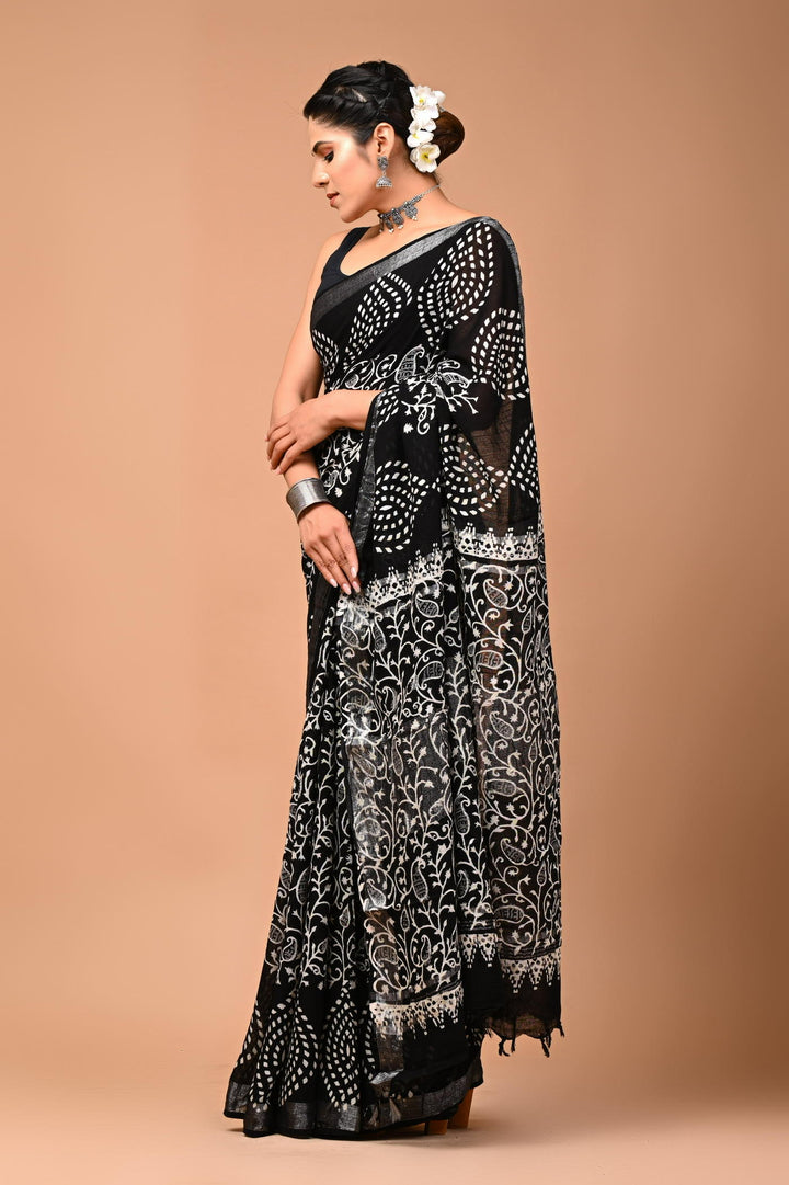 Linen cotton Handblock printed saree with blouse piece - Black And White