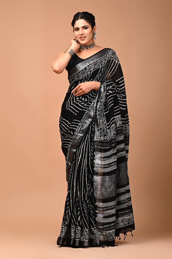 Linen cotton Handblock printed saree with blouse piece - Black and white