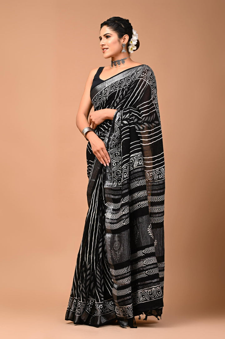 Linen cotton Handblock printed saree with blouse piece - Black and white