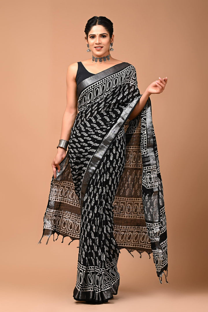 Linen cotton Handblock printed saree with blouse piece - Black And White