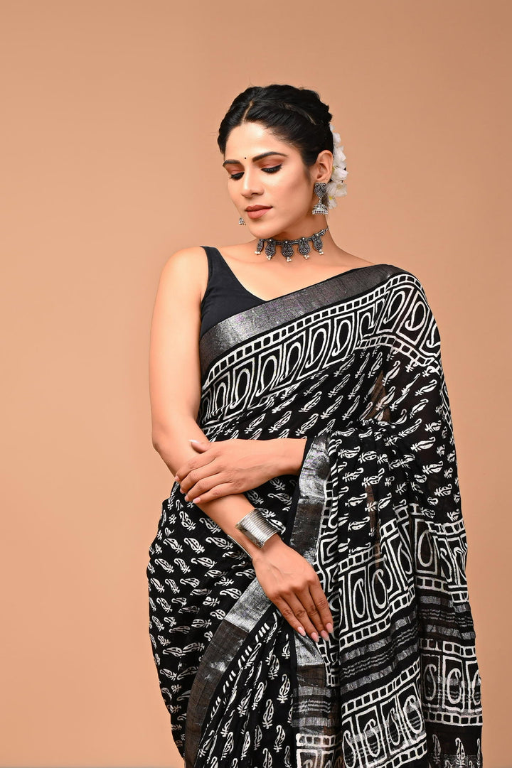 Linen cotton Handblock printed saree with blouse piece - Black And White