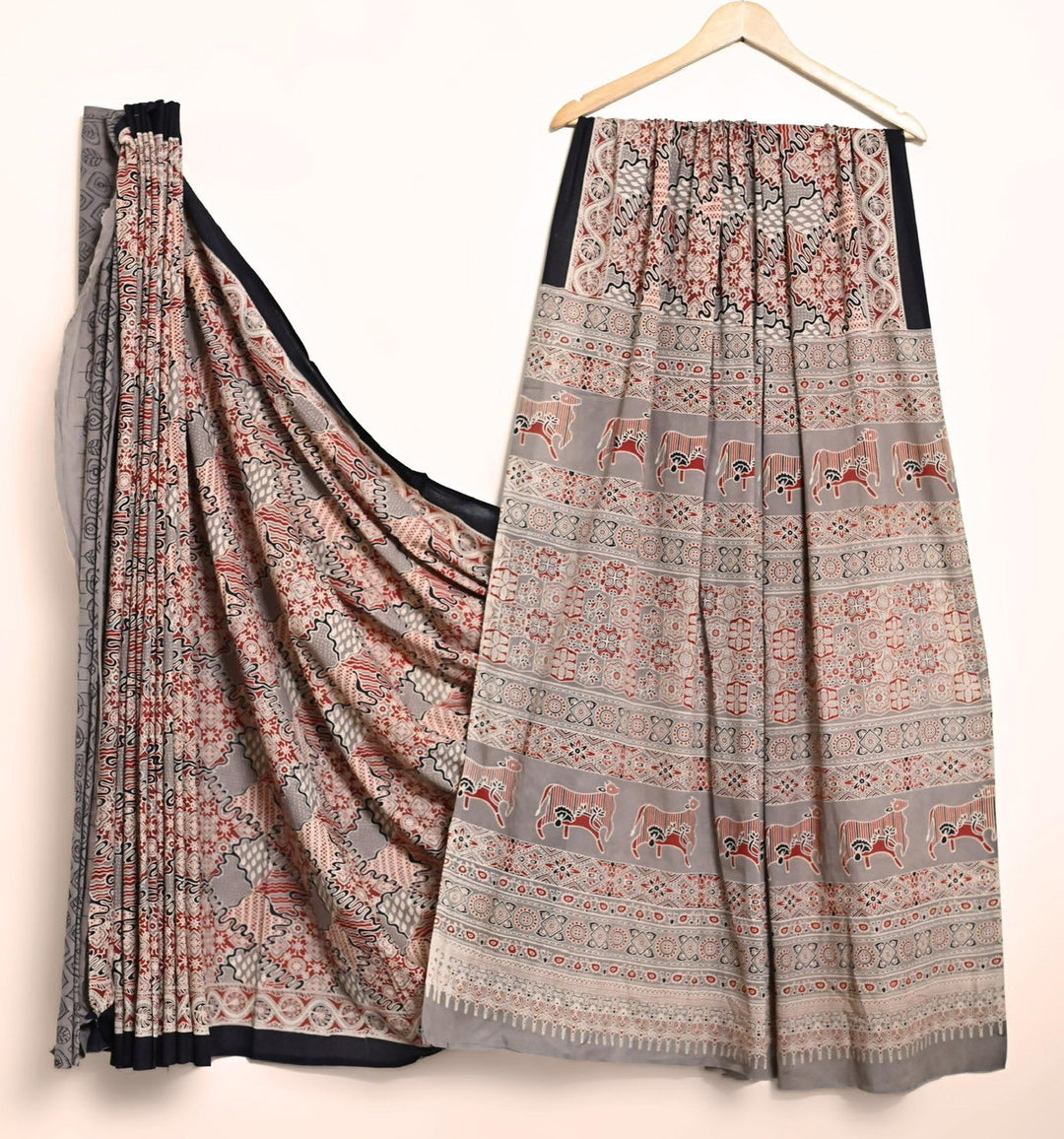 Ajrakh Pure Cotton Mulmul Bagru Handblock print Saree with blouse - Kashish Brown