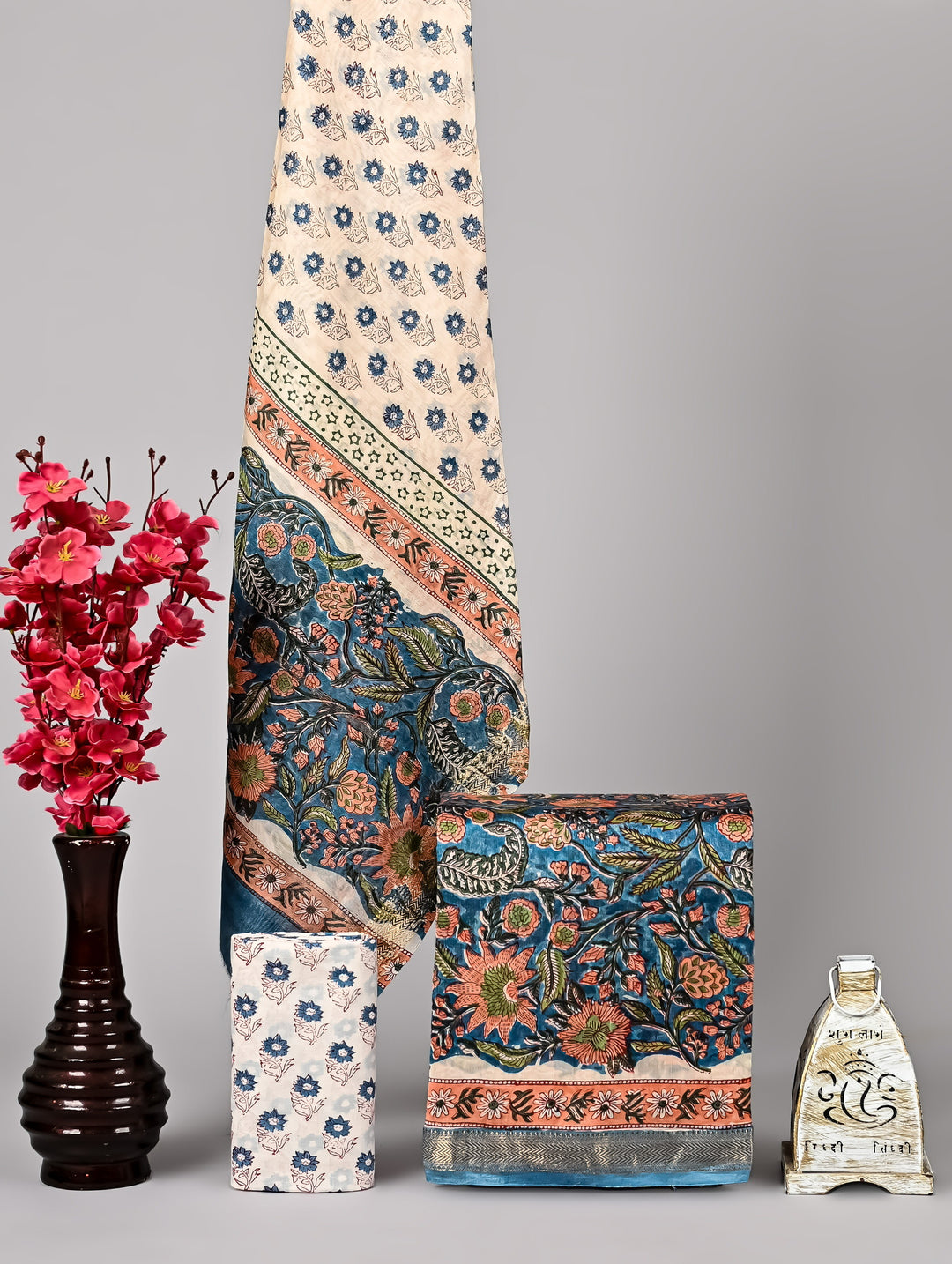 Blue Maheshwari Handblock Printed Silk 3 Piece Suit Set with Dupatta | Contemporary Ethnic Style