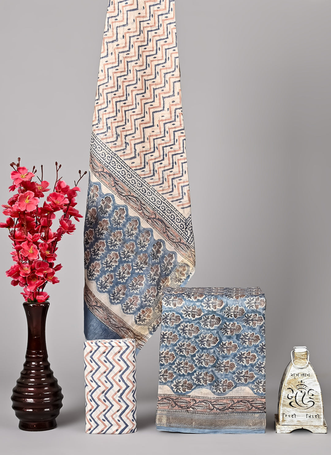 Indigo Blue and Beige Bagru Handblock Printed Pure Maheshwari Silk Suit Set