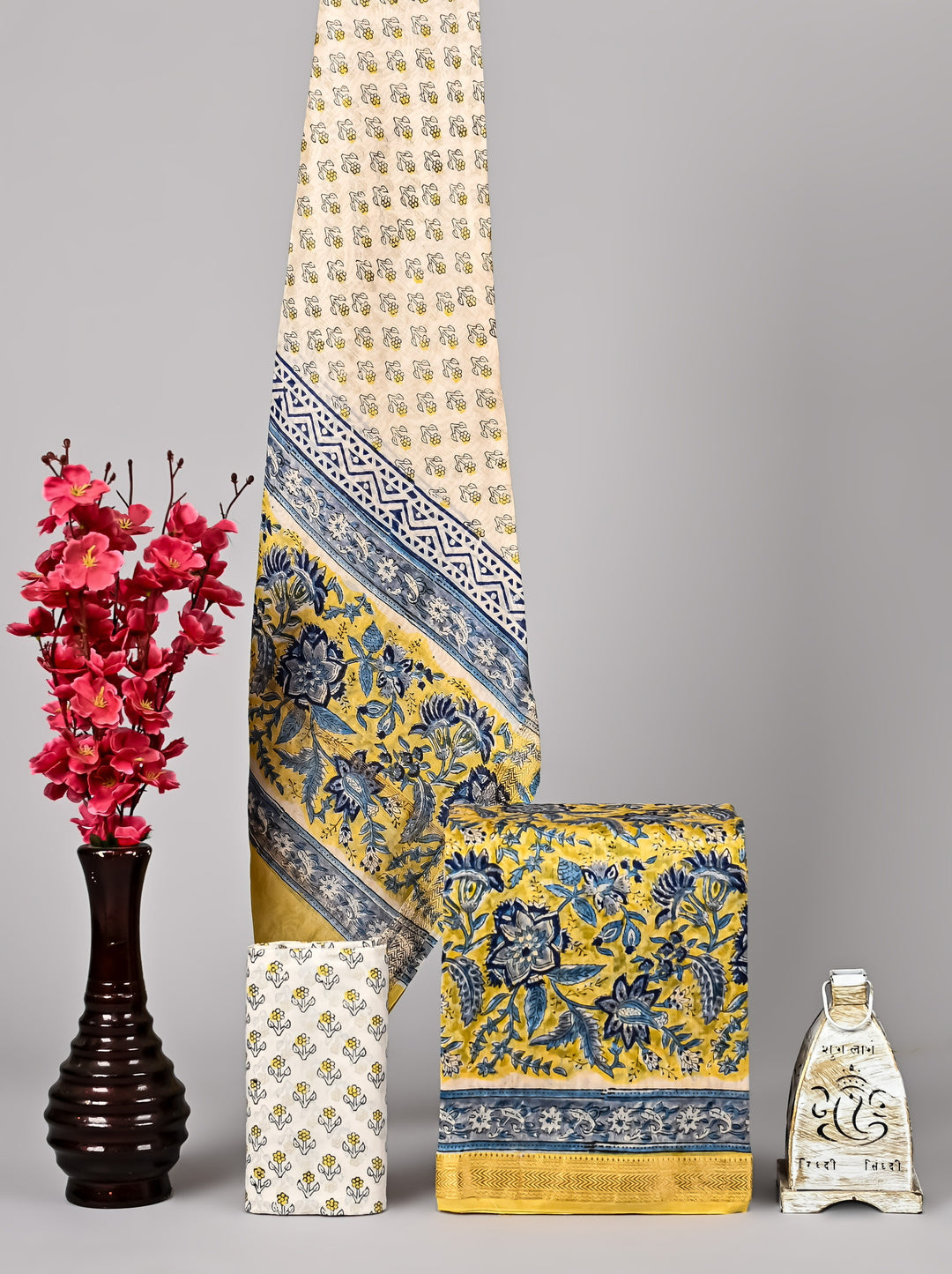 Mustard Yellow Maheshwari Handblock Printed Silk 3 Piece Suit Set with Dupatta | Floral Ethnic Wear