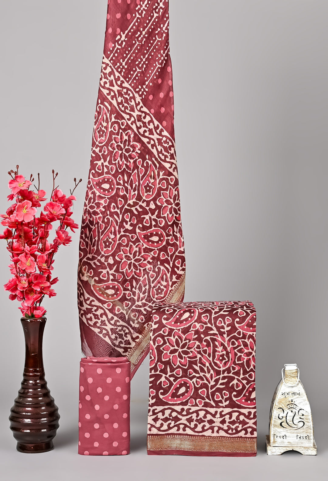 Maroon Maheshwari Handblock Printed Silk 3 Piece Suit Set | Traditional Paisley Design