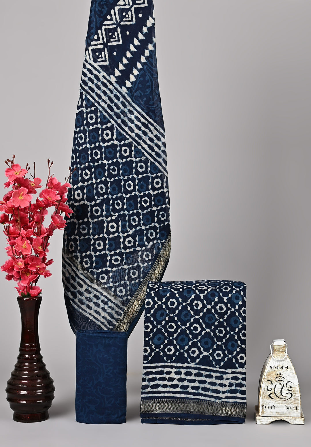 Indigo Blue Maheshwari Handblock Printed Silk 3 Piece Suit Set with Dupatta | Classic Geometric Pattern