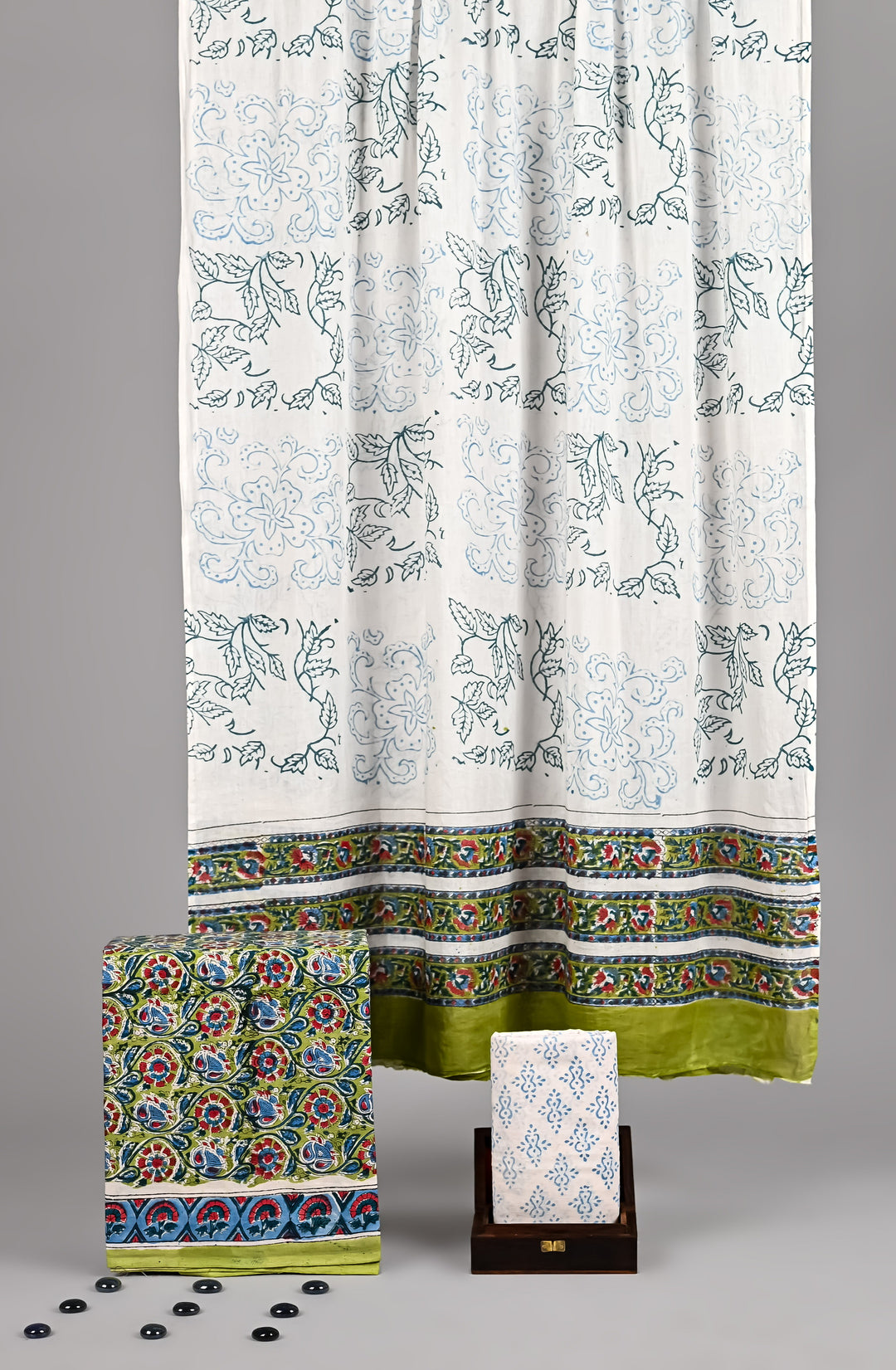 Earthy Green & Blue Floral Handblock Printed Cotton Suit with Solid Green Border Dupatta