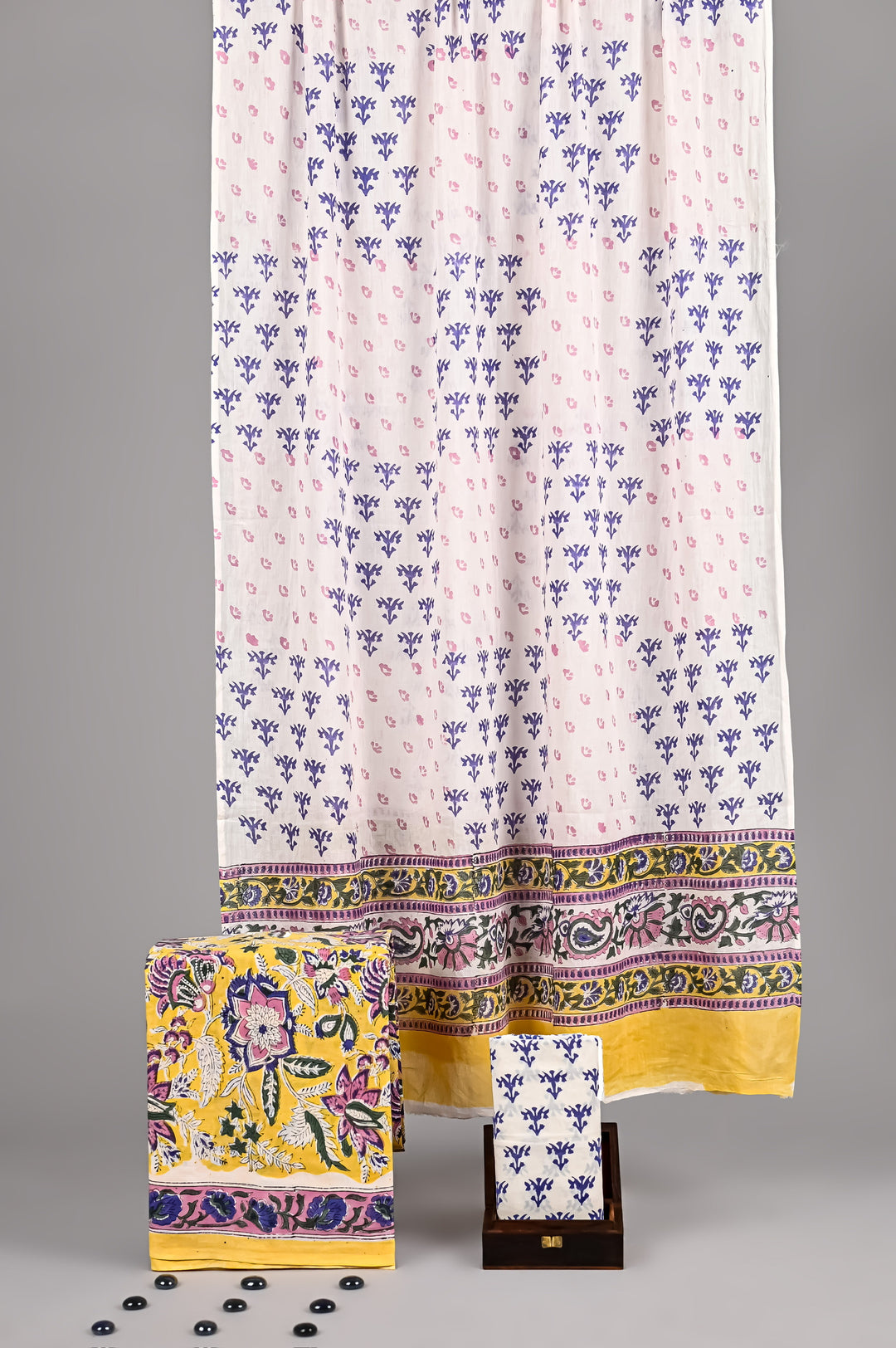 Elegant White & Purple Leafy Sprigs Handblock Printed Cotton Suit with Yellow Border