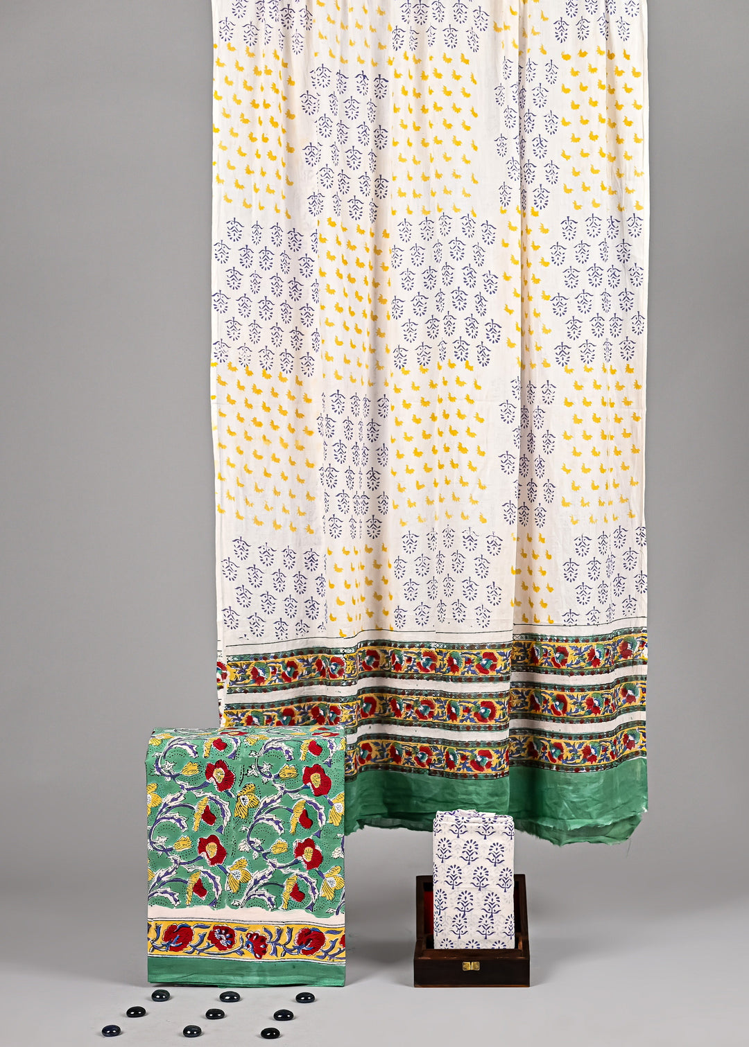 Forest Green & Red Floral Creeper Handblock Printed Cotton Suit Set