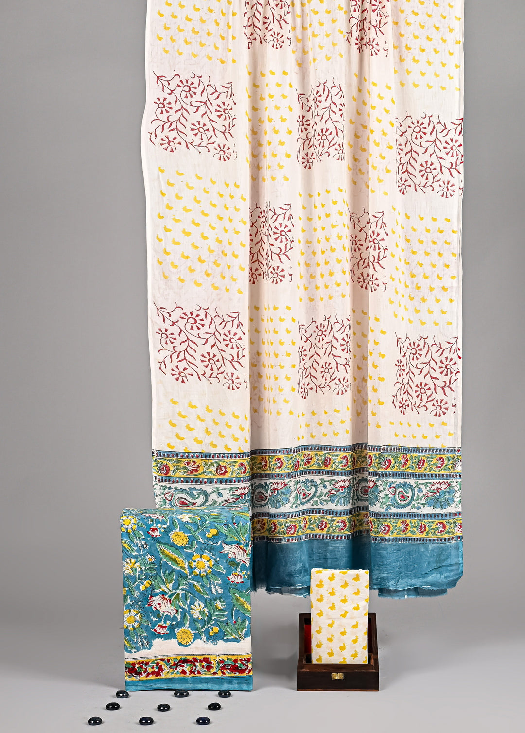 Teal & Mustard Yellow Floral Medallion Handblock Printed Cotton Suit Set