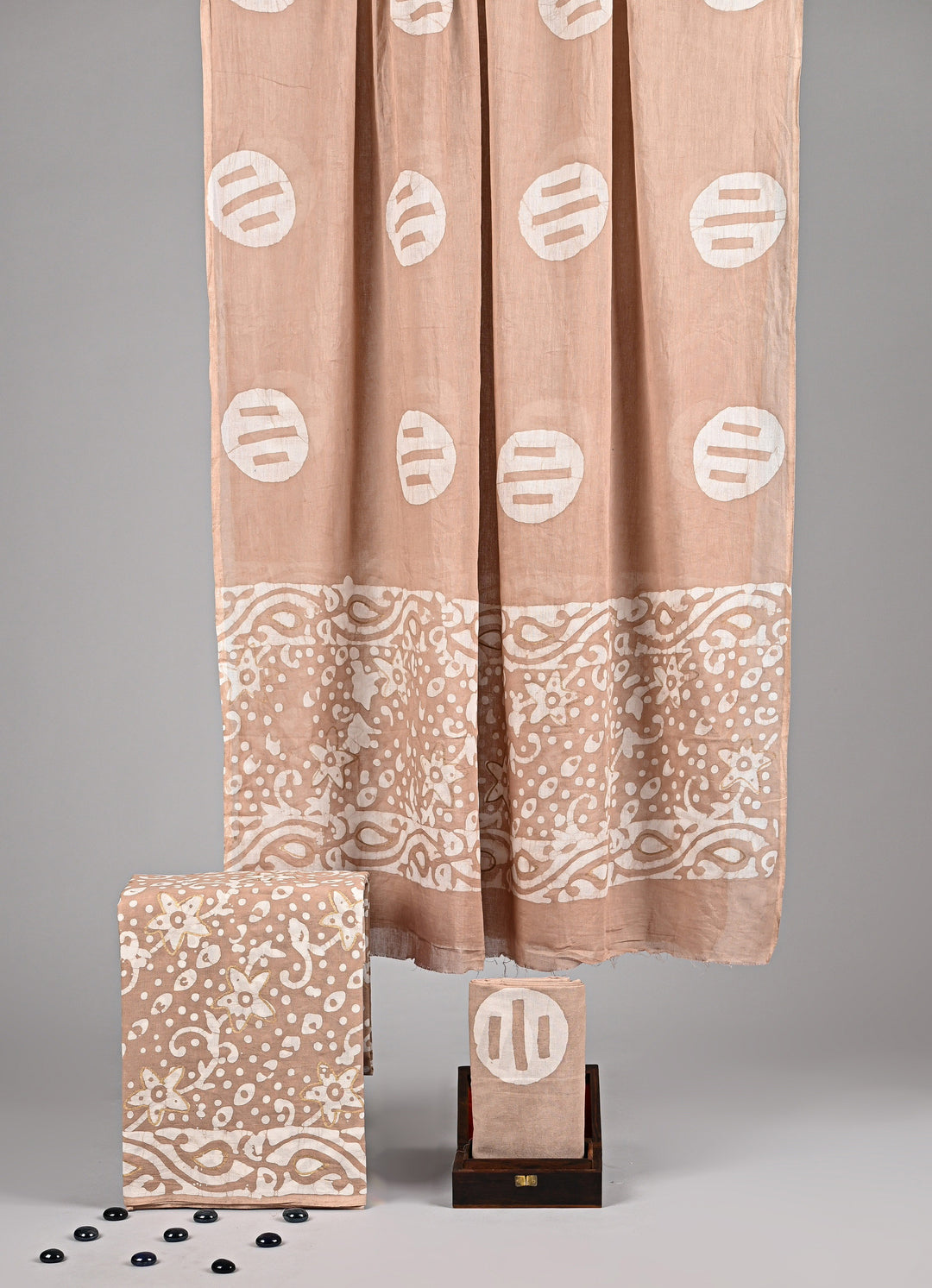 Nude Beige Batik Style Handblock Printed Cotton Suit with Circular Motifs