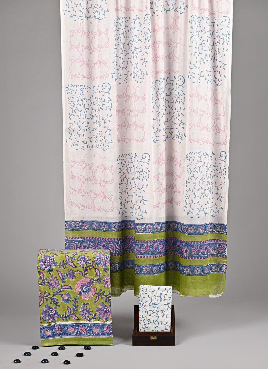 Lime Green & Soft Pink Floral Vine Handblock Printed Cotton Suit with Blue Border