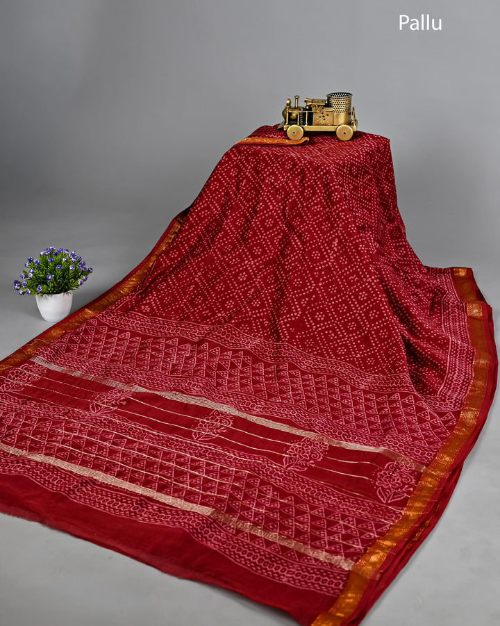 Bandhani Print Pure Maheshwari Silk Handblock Printed Saree - Maroon