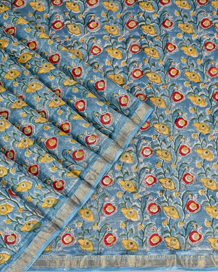 Sanganeri Pure Maheshwari Silk Saree Handblock Printed Saree - Teal Blue