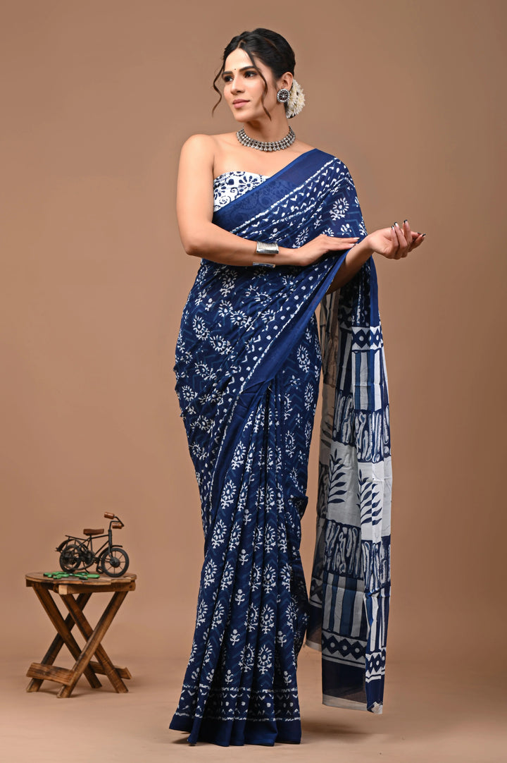 Jaipuri Printed Pure Mulmul Cotton Saree | With Blouse Piece Indigo Blue