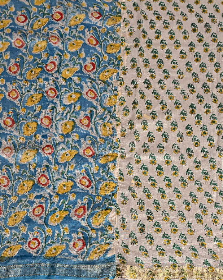 Sanganeri Pure Maheshwari Silk Saree Handblock Printed Saree - Teal Blue