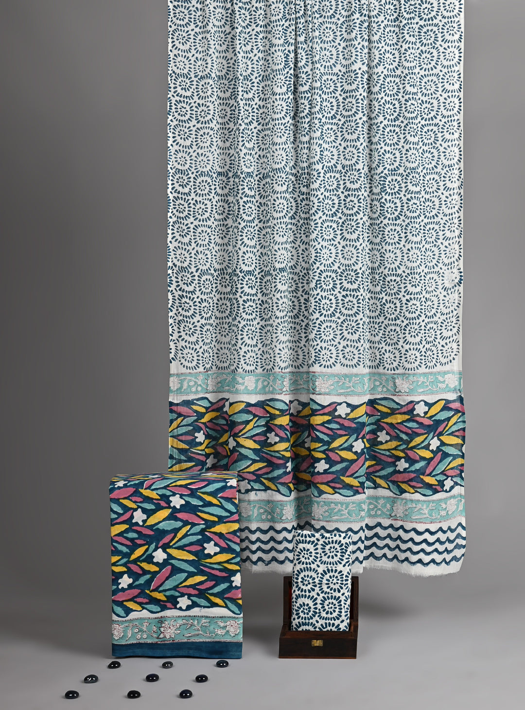 Crisp White & Teal Circular Medallion Handblock Printed Cotton Suit with Wave Border