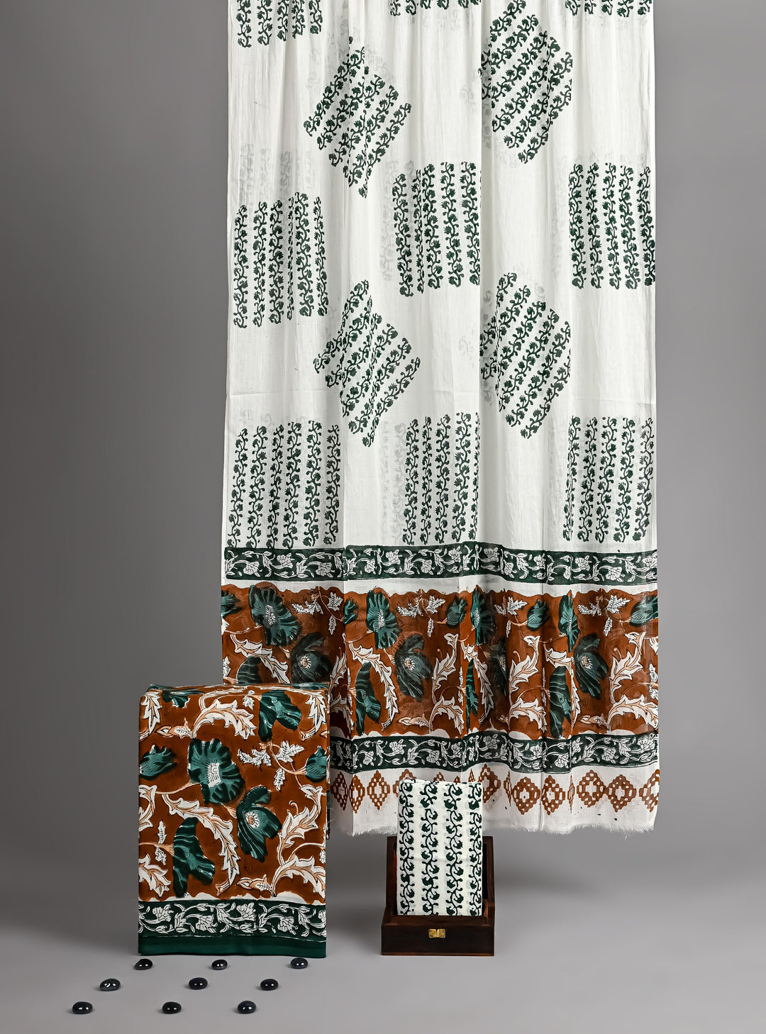 Rustic Brown & Dark Green Leafy Handblock Printed Cotton Suit Set