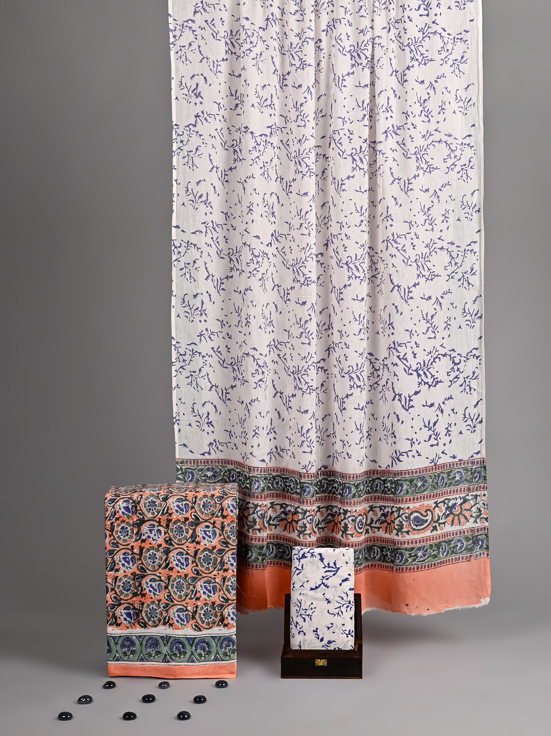 Soft Peach & Navy Blue Floral Fusion Handblock Printed Cotton Suit with Orange Border